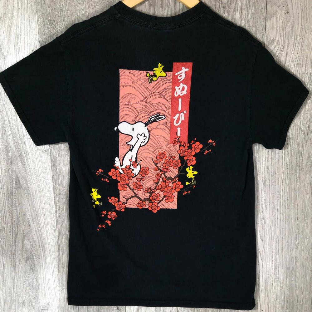 Peanuts Snoopy Cherry Blossom Graphic T-shirt Women Small Black Short Sleeve